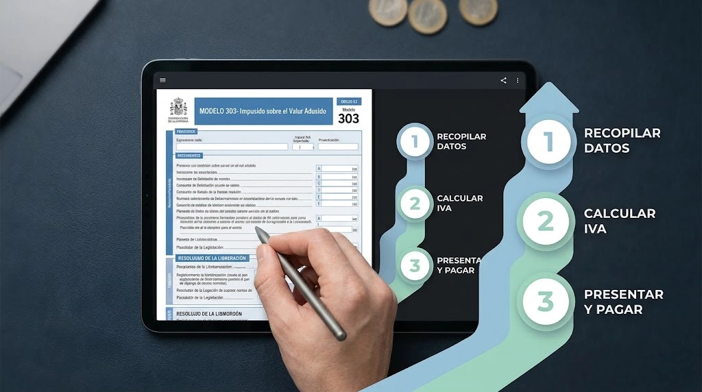 Tablet mostrando el formulario digital del Modelo 303 de IVA, con una mano usando un lápiz óptico y una infografía lateral de tres pasos para recopilar datos, calcular IVA y presentar.
