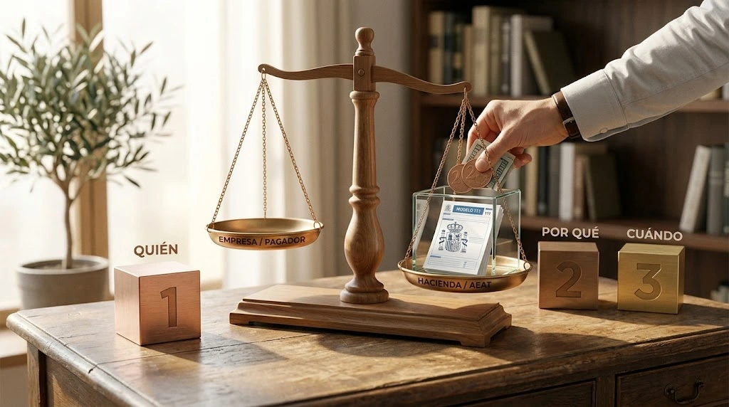 Imagen de una balanza de madera sobre un escritorio de época. El platillo de la izquierda está etiquetado como "EMPRESA / PAGADOR" y está vacío. El platillo de la derecha está etiquetado como "HACIENDA / AEAT" y sostiene un cubo de cristal que contiene pilas de documentos plegados con la etiqueta "MODELO 111". Una mano derecha está colocando monedas de euro (un 2 y un 1) y billetes en el platillo de Hacienda. Delante de la balanza hay tres bloques metálicos numerados (1, 2, 3) con texto en español: "QUIÉN", "POR QUÉ" y "CUÁNDO". El fondo es una estantería de libros desenfocada.