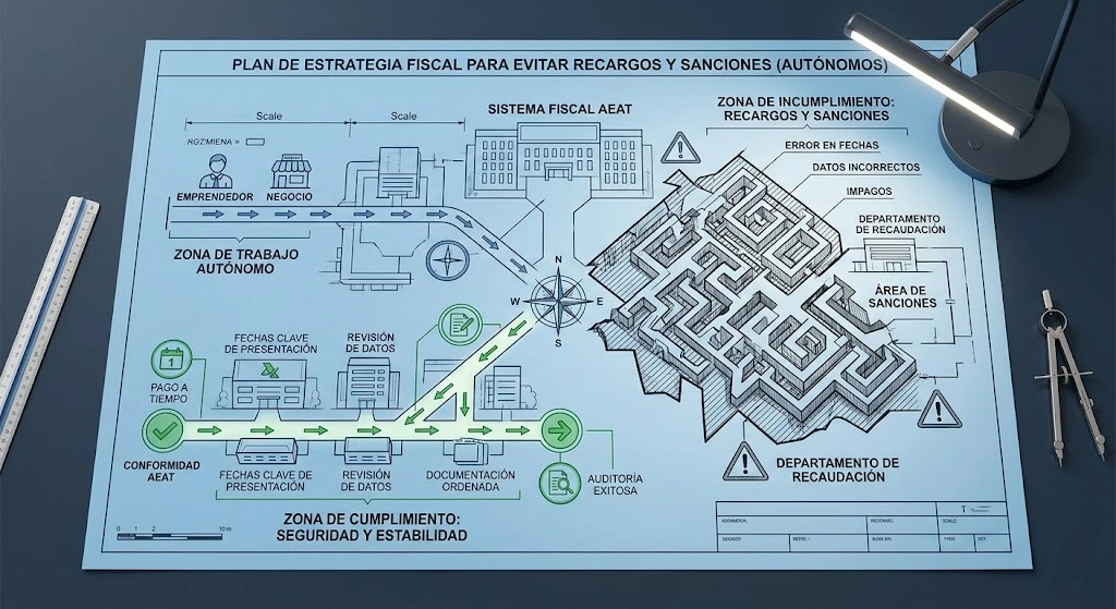 Infografía en forma de plano técnico que detalla un "Plan de Estrategia Fiscal para Evitar Recargos y Sanciones (Autónomos)". La imagen compara dos caminos: la "Zona de Incumplimiento" y la "Zona de Cumplimiento". En el camino del cumplimiento, se muestran pasos clave como "Fechas Clave de Presentación", "Revisión de Datos", "Documentación Ordenada", "Pago a Tiempo" y "Auditoría Exitosa", llevando a la "Conformidad AEAT". En contraste, el camino del incumplimiento ilustra un laberinto con obstáculos como "Error en Fechas", "Datos Incorrectos" e "Impagos", que conducen al "Departamento de Recaudación" y al "Área de Sanciones". El diseño incluye herramientas de dibujo arquitectónico y una lámpara, todo con estética de plano de ingeniería.